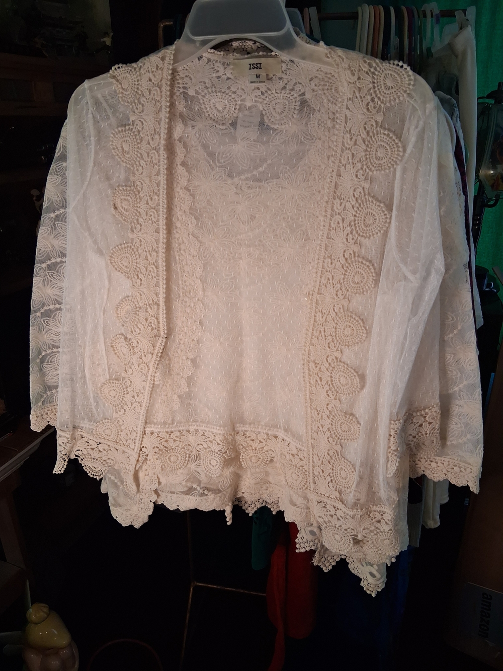 ISSI Cream Lace Crochet Open-Front Tunic